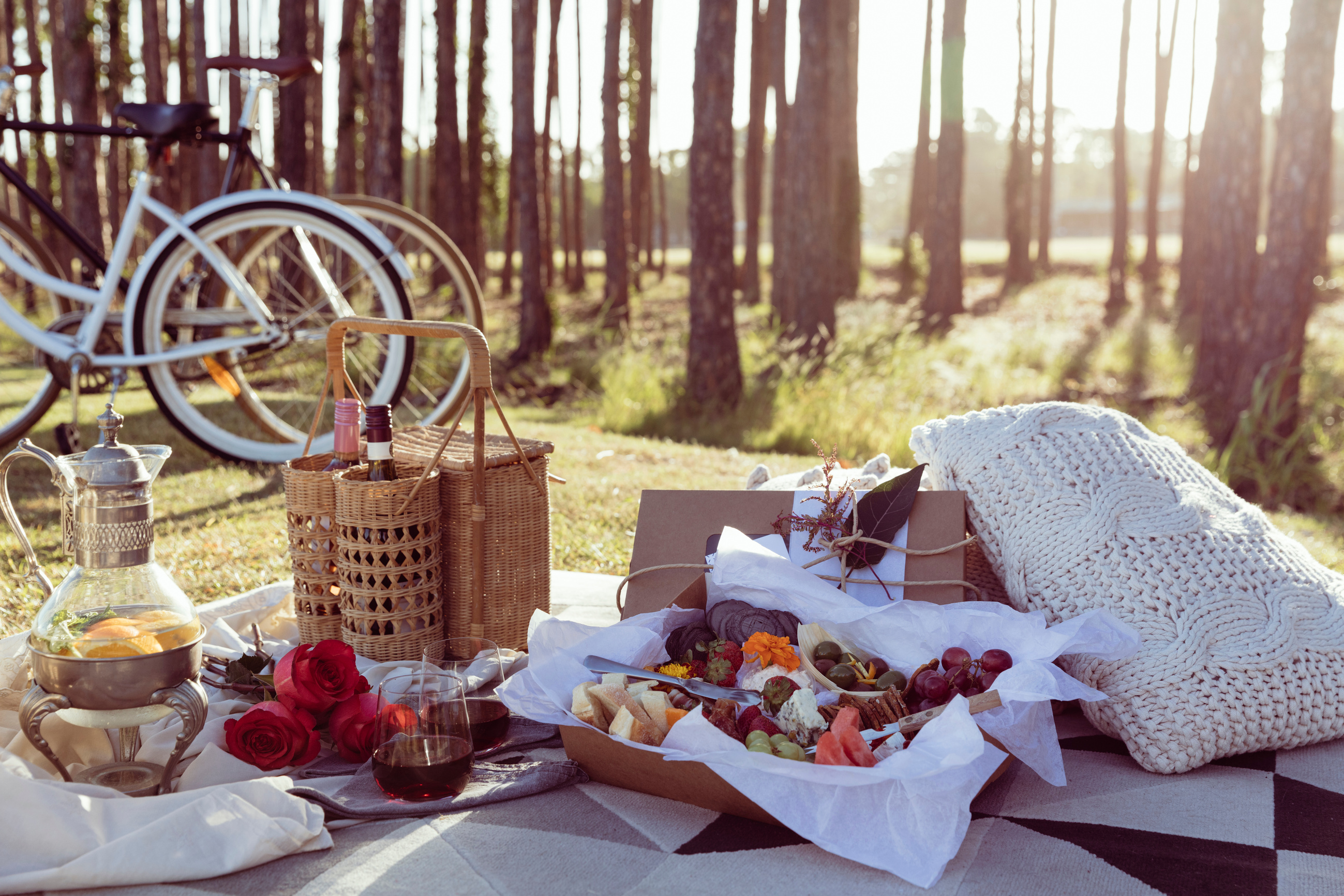 Romantic picnic set up with mixed food platter and win